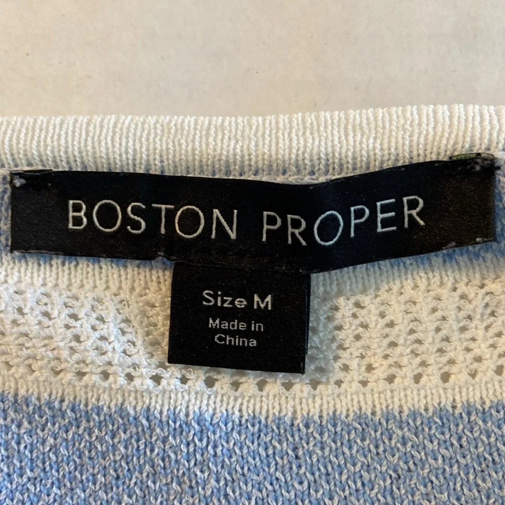 Boston Proper Off -the-Shoulder Blue & White Bell Sleeves Knit Sweater 3495